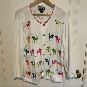 Vintage Beaded Cat & Fish Appliqué Cardigan Button-Up Sweater Size XL